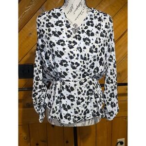 CAbi Leopard Print Surplice V-Neck Peplum Blouse White Black Tan Long Tie Cuff